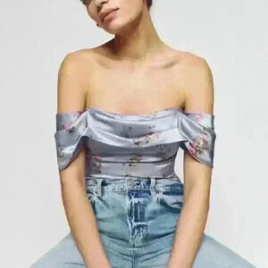 Reformation Lux  blue floral 100% silk off the shoulder top